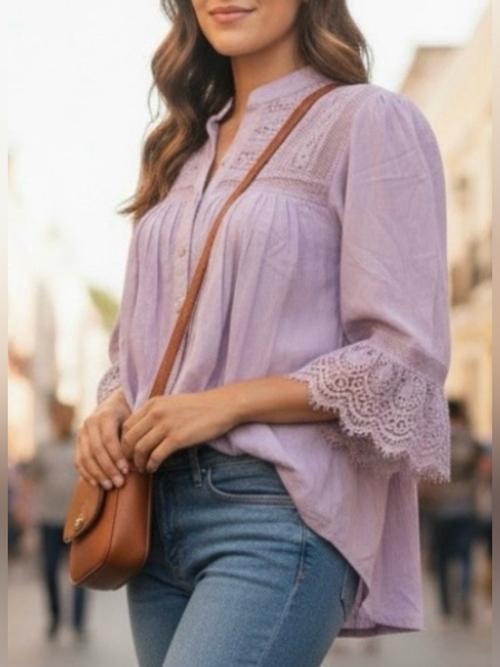 Free People Esme Button Up Lavender Lace Peasant Blouse - Picture 3 of 17
